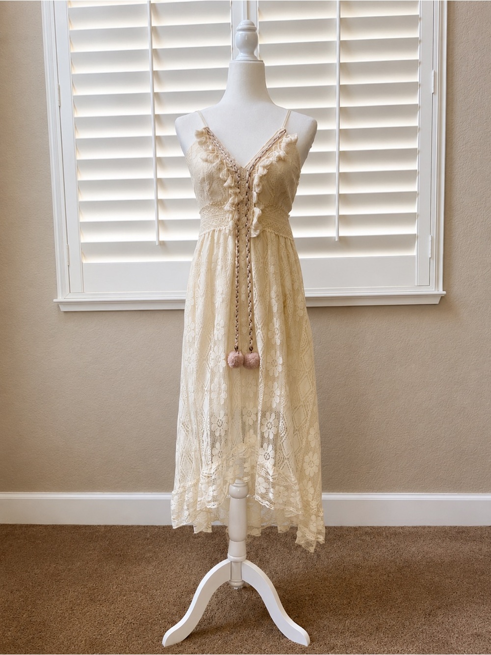 Cupshe Cream Lace Midi Dress with Pom Tassel Tie